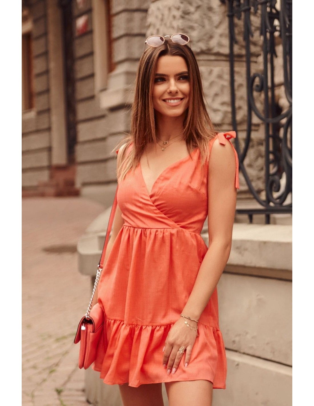 Lovely dress with an envelope neckline, coral, PR3196 - Online store - Boutique